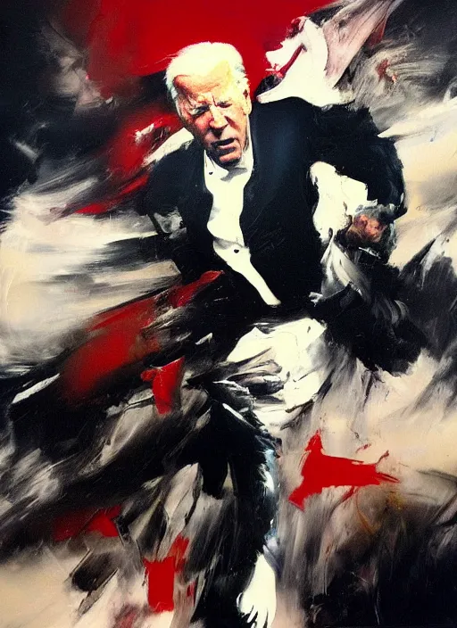 Image similar to joe biden punching, angry, screaming, painting by phil hale, fransico goya,'action lines '!!!, graphic style, visible brushstrokes, motion blur, blurry, visible paint texture, crisp hd image