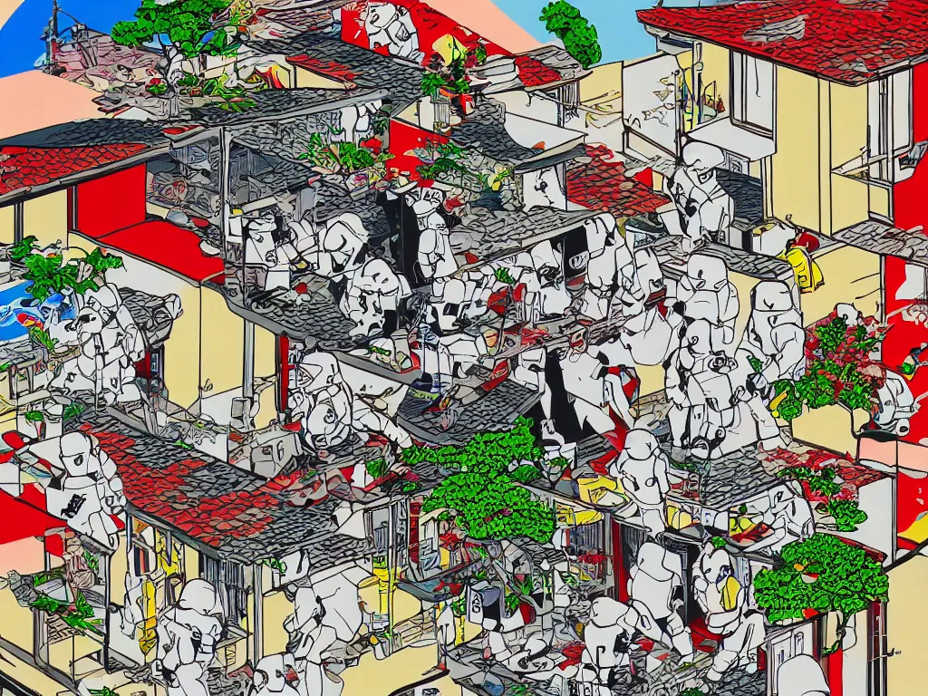 Image similar to detailed close - up image of the japanese home with a garden, stormtrooper in hot springs, pop - art style, jacky tsai style, andy warhol style, roy lichtenstein style, rich palette, acrylic on canvas