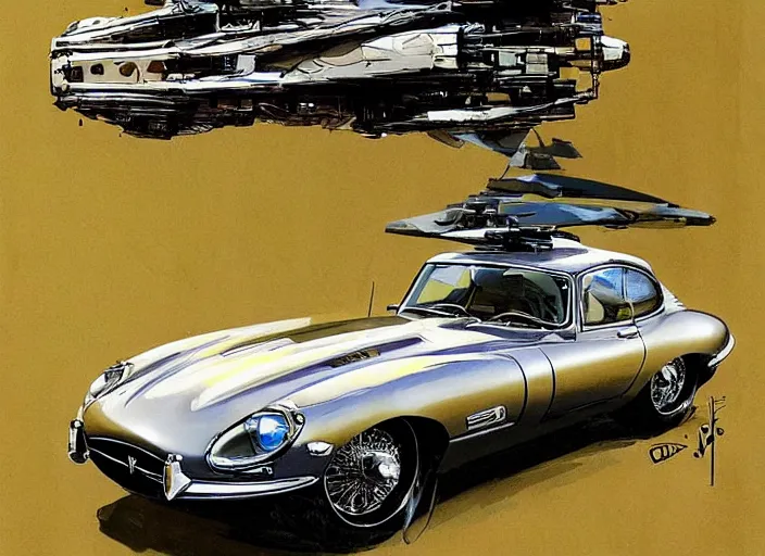 Prompt: ( ( ( ( ( jaguar e - type car, car concept art, sci - fi illustration, painting, in the style of star wars ) ) ) ) ) by vincent di fate and john berkey and star wars!!!!!!!