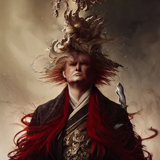 Image similar to an epic portrait of a person looking like donald trump wielding a spear, magical aura of insanity, intricate hakama, poofy red wig, eerie, highly detailed, dark fantasy, art by artgerm and greg rutkowski