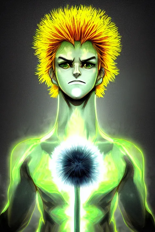 Image similar to nuke cloud dandelion male anime character, symmetrical, highly detailed, digital art, sharp focus, trending on art station, green eyes, glowing radioactive colours