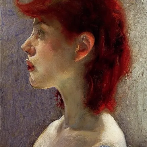 Image similar to profile of a girl with red hair, holding flowers joseph todorovitch