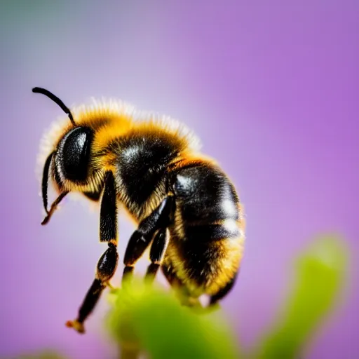 Image similar to macro photography of a bee landing on the dog's pollen covered nose. bokeh. contest winning photography. 8 k. hyper - realistic