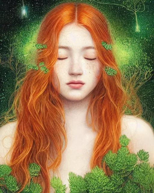 Image similar to a young woman, amazed by the lights of golden fireflies, sitting in the midst of nature fully covered, long loose red hair, intricate linework, green eyes, small nose with freckles, oval shape face, soft happy smile, realistic, expressive emotions, mystical scene, hyper realistic ultrafine detailed illustration by james jean and albert bierstadt and artgerm