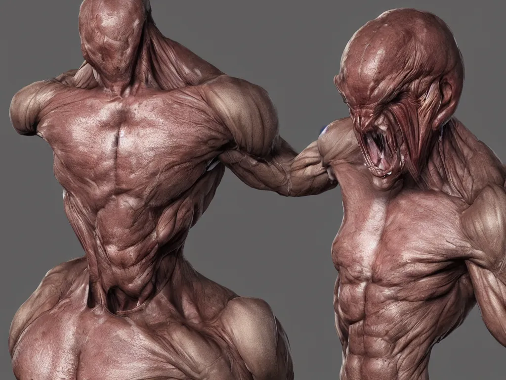 Image similar to muscular body, isopod exoskeleton, mesomorph, chiroptera head, chiroptera ears, big sharp teeth, hyperrealism, artstation, cgsociety, zbrush, no background