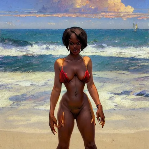 Prompt: jada fire at the beach. Renowned character illustration by greg rutkowski, thomas kindkade, alphonse mucha, loish, norman rockwell. Trending on artstation.