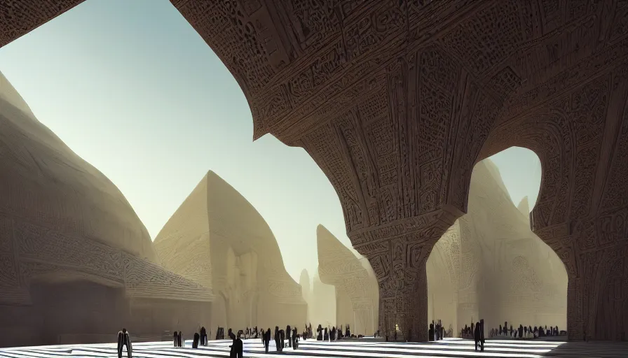 Image similar to the inside of a monument with arabian motifs, by tim blandin and arthur haas and bruce pennington and john schoenherr, big windows architecture by zaha hadid, octane render, cinematic, scenery, cgsociety, modernism, futuristic, trending on artstation, sci - fi, high detail, high quality, close up angle, people walking