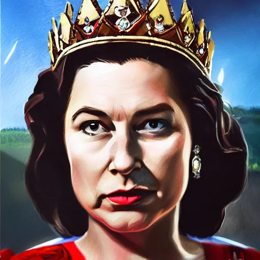 Prompt: The Queen Elizabeth II as wonder woman, portrait, photorealism, detailed, square