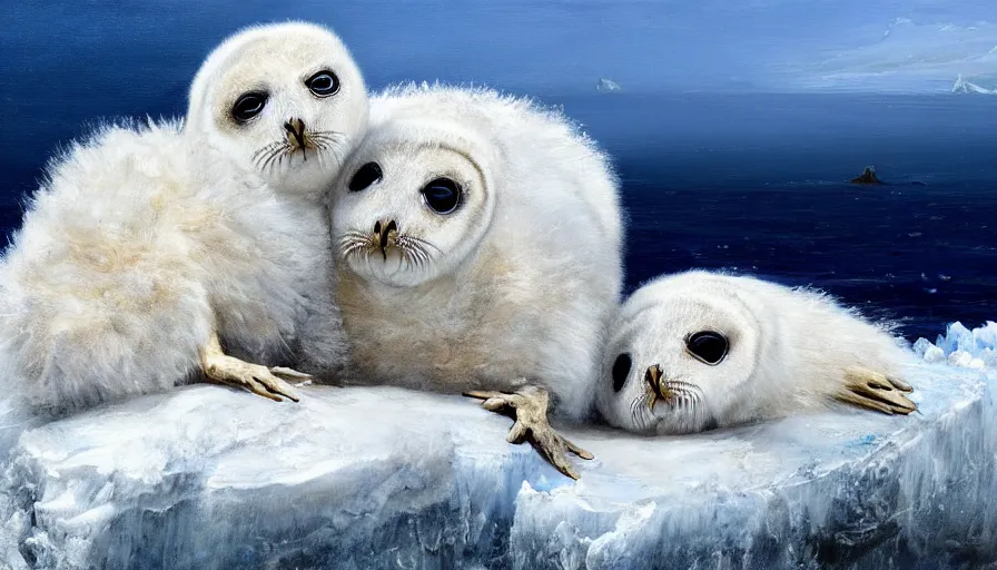 Image similar to highly detailed painting of cute furry white baby seal owls with big furry antlers cuddling into each other on a blue and white iceberg by william turner, by greg rutkowski, by william constable, thick brush strokes and visible paint layers, 4 k resolution