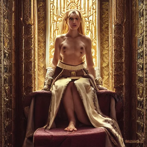 Image similar to the elder scrolls vi, charismatic regal blonde female jarl, portrait, exquisitely designed throne room, atmospheric lighting, painted, intricate, volumetric lighting, beautiful, daytime, slightly sunny weather, sharp focus, deep colours, ultra detailed, by leesha hannigan, ross tran, thierry doizon, kai carpenter, ignacio fernandez rios