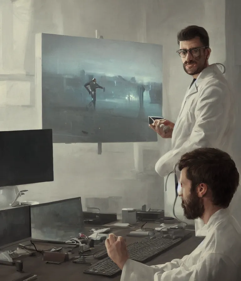 Image similar to a cloes up portrait of a researcher in a white coat in front of a computer and screens in a painting from stalenhag, 4 k, 8 k, hdr, artstation