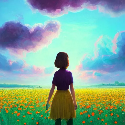 Image similar to giant daisy flower face, girl standing in a flower field, surreal photography, sunrise dramatic light, impressionist painting, colorful clouds, digital painting, artstation, simon stalenhag, flower face