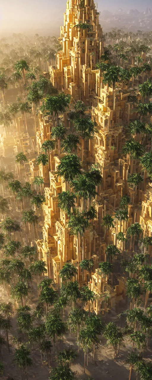 Image similar to eye level view of single tower, golden facade babylon tower, sacred ancient architecture, hanging gardens, cascading highrise, arid mountains with lush palm forest, sunlight, post - production, octane, cgi, sfx