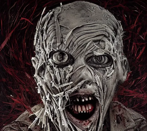 Prompt: face shredded like newspapers, scream, dark, surreal, highly detailed horror, by zdzisław beksinsk