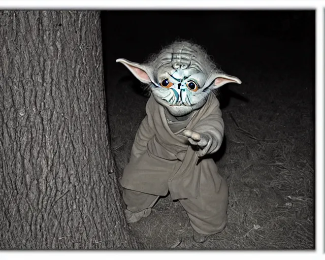 Image similar to trailcam image of yoda, pointing at the camera, black and white, wide angle lens, nightshot, cdx