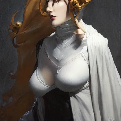 Image similar to Albedo the pure white devil from Overlord, oil on canvas, noir effect, artstation, by J. C. Leyendecker and Edmund Blair Leighton and Charlie Bowater,--width 1600