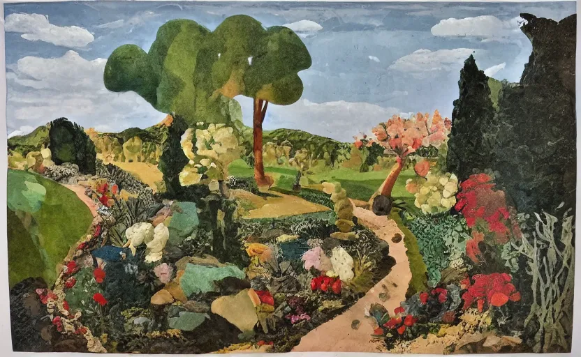 Image similar to a landscape painting, claymation, henri berthaut, art - deco, miner kilbourne kellogg, gardens, collage