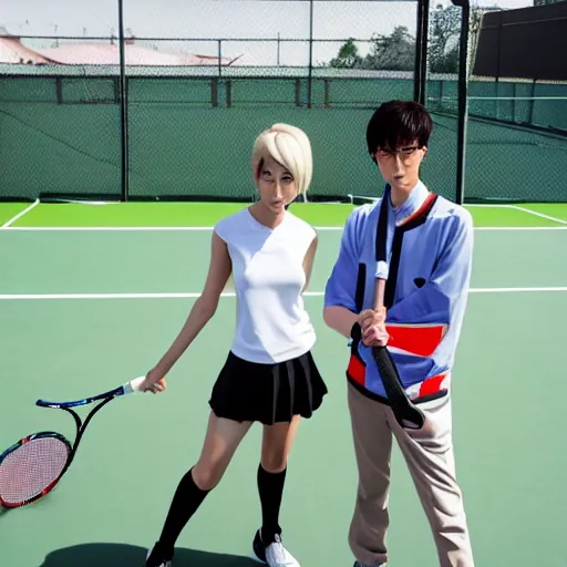 Image similar to shinji ikari and rei iyanami at anime high school playing tennis with eva - 0 1 in the background of the city on a sunny and clear day