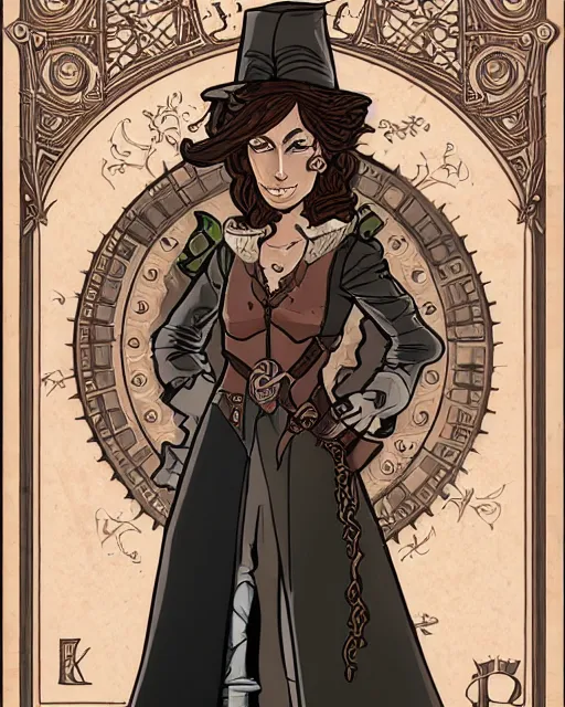 Image similar to a detailed portrait illustration of a steampunk wizard - noble - merchant. beautiful transgender arabic female face. art nouveau, pop art, comic book style. influenced by neil gaiman, h. p. lovecraft, dan mumford, brian froud, vadim voitekhovitch, killian eng, ross tran.