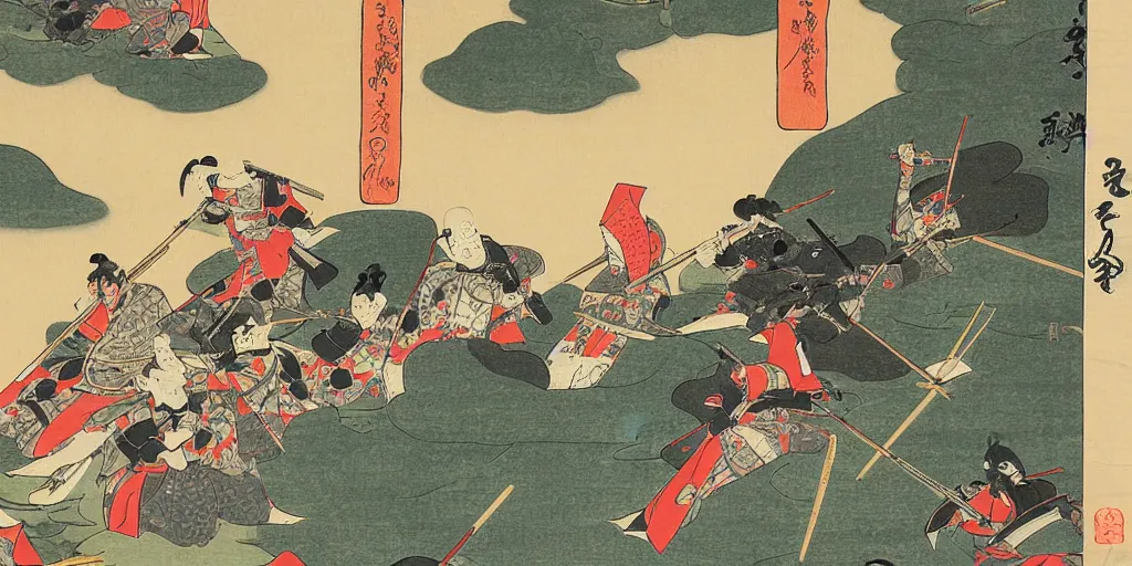 Prompt: ukiyo - e style painting of heavily armored samurai fighting in fierce battle in a beautiful forest
