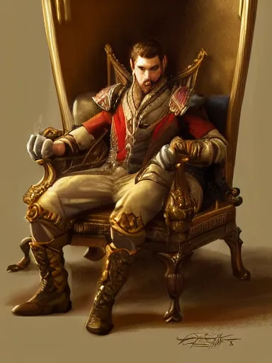 Image similar to a pleasured noble man siting in his armchair. intricate, elegant, highly detailed, digital painting, artstation, concept art, sharp focus, illustration, by justin gerard and artgerm, 8 k