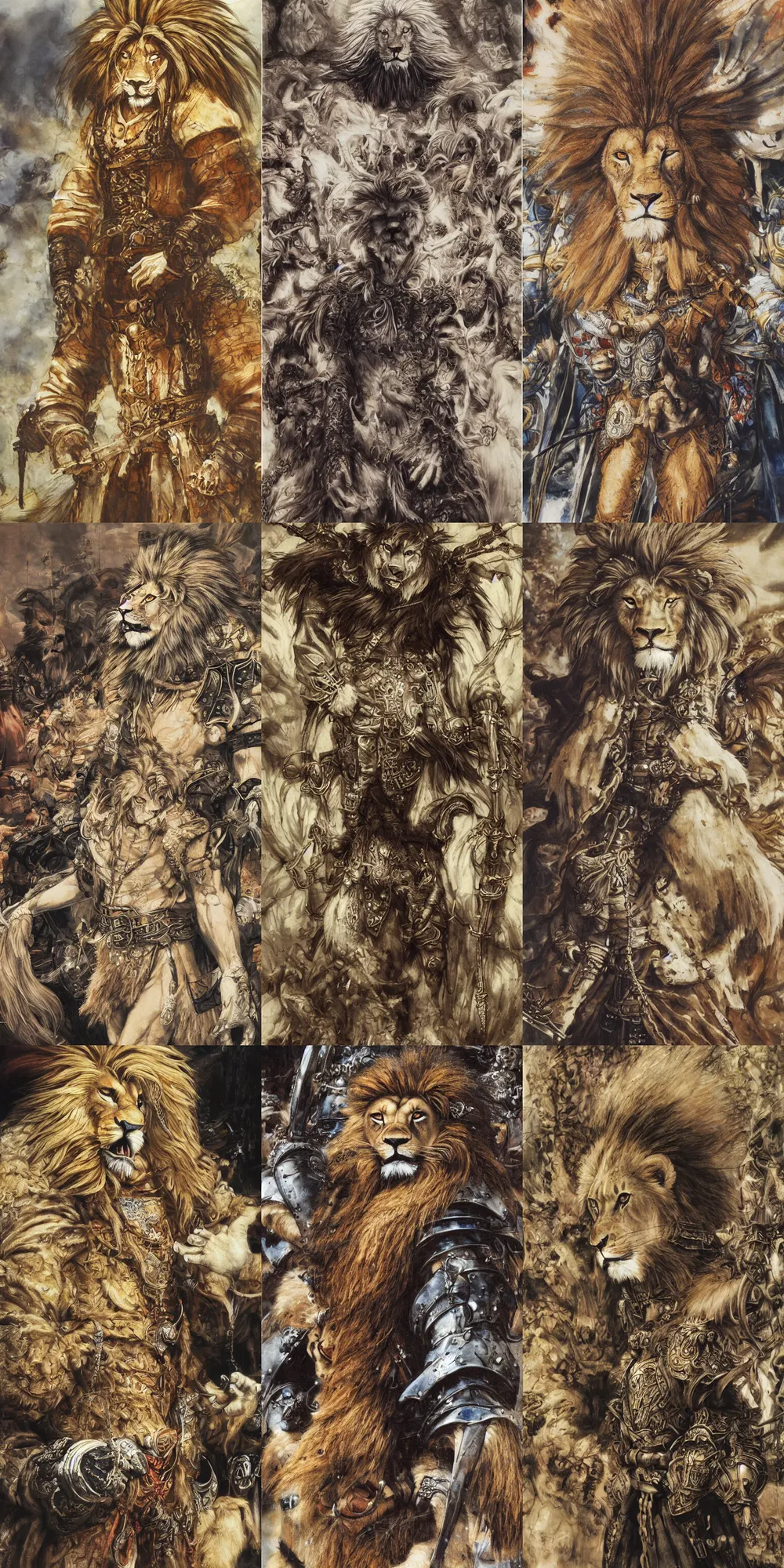 Image similar to 8 k yoshitaka amano painting of upper body of a young cool looking lion beastman with white mane at a medieval market at windy day. depth of field. he is wearing complex fantasy clothing. he has huge paws. renaissance style lighting.