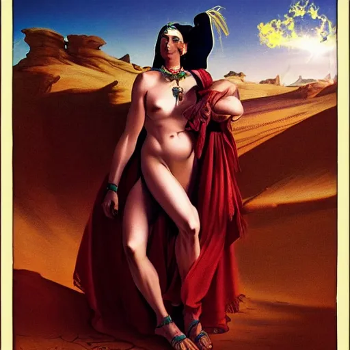 Image similar to Silk sheet desert ecstasy Bedouin under crimson azure diamond sky, in the style of Frank Frazetta, Jeff Easley, Caravaggio, extremely clear faces coherent, clear lines, 8K revolution