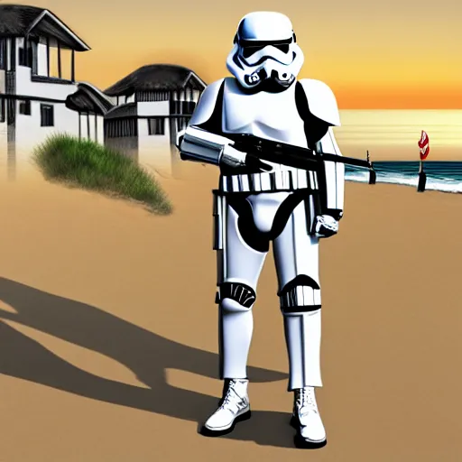 Prompt: An Imperial Stormtrooper dressed as a CEO holding a pencil in a bungalow on the beach, Digital art