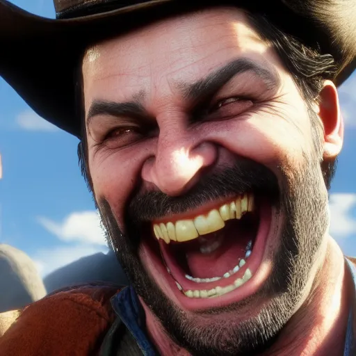 Image similar to Film still of Spanish Laughing Guy, from Red Dead Redemption 2 (2018 video game), no hat, no text