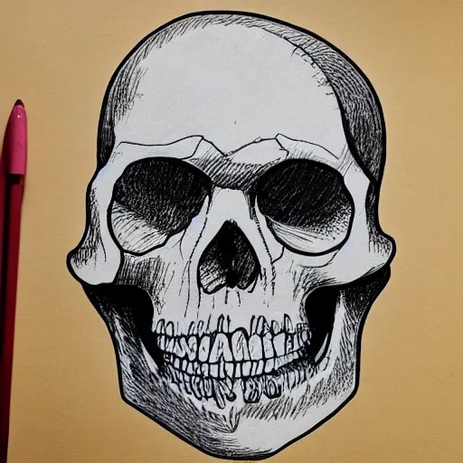 Prompt: tripping skull outline, black ink on white paper