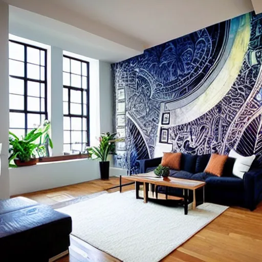Prompt: mural on the wall of a modern loft, beautiful architecture, popular interior design style