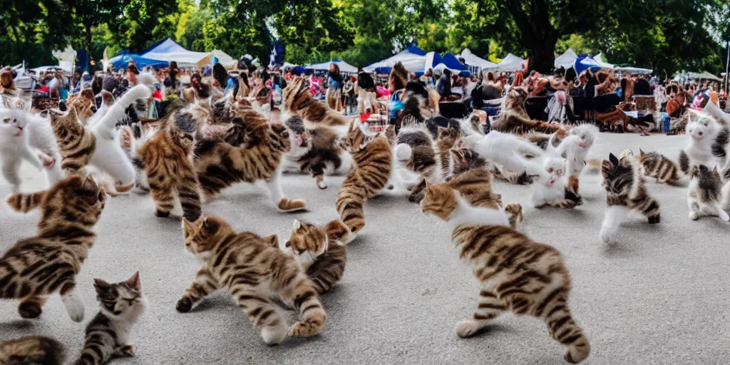 Prompt: clear photo, wide and clear, a stampede of cute kittens attacks everyone at the local sunday morning farmers market, kittens active everywhere, kittens jumping and running, people screaming in terror, funny and odd