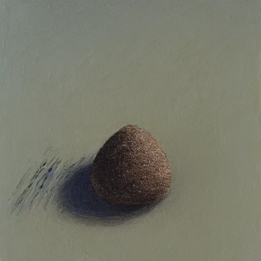 Prompt: detailed painting of a single small seed sitting in loose fresh earth. the painting is characterized by its use of light and shadow to create a sense of depth, its muted colors, and its focus on nature.