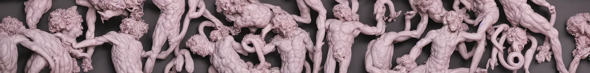 Prompt: long line-up of pink powdered laocoon and his sons struggling with twisted golden wire, intertwined full body view, plastic injection mold toys, product photography, black background