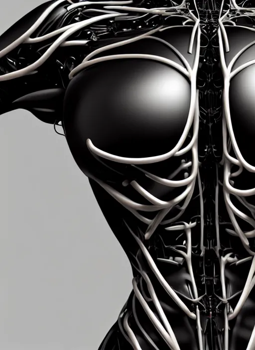 Image similar to organic cyborg full frontal torso close-up, Symmetrical! vivid blackest black satin plastic, diffuse lighting, fantasy, intricate, elegant, highly detailed, lifelike, photorealistic, digital painting, artstation, illustration, concept art, smooth, sharp focus, art by John Collier and Albert Aublet and Krenz Cushart and Artem Demura and Alphonse Mucha