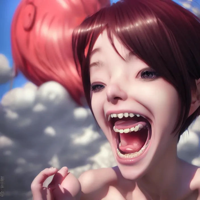 Image similar to portrait of the popular girl laughing at the viewer, by Katsuhiro Otomo, Yoshitaka Amano, Nico Tanigawa, and Artgerm rendered with 3D effect.