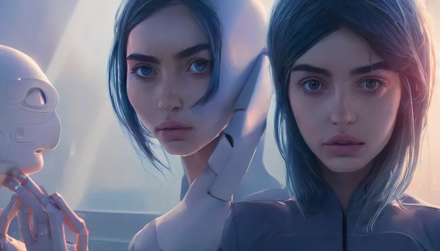 Prompt: intimacy, highly detailed surreal vfx portrait of a robot android, ana de armas, madison beer, stephen bliss, unreal engine, greg rutkowski, loish, rhads, beeple, makoto shinkai and lois van baarle, ilya kuvshinov, rossdraws, tom bagshaw, global illumination, detailed and intricate environment