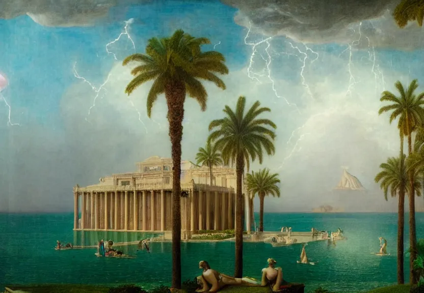 Image similar to Palace floating in the sky, 1km tall, thunderstorm, greek pool, beach and palm trees on the background major arcana sky, by paul delaroche, hyperrealistic 4k uhd, award-winning very detailed