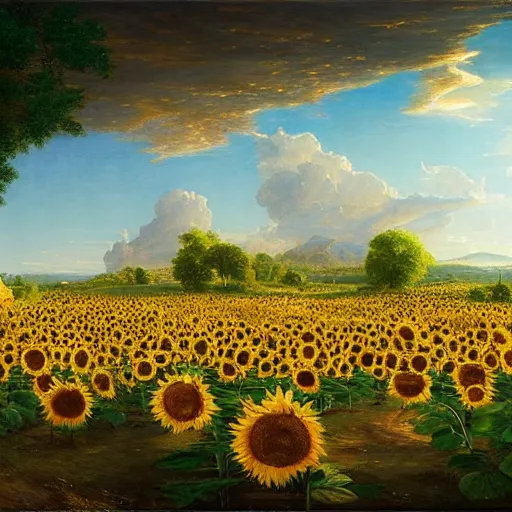 Image similar to the garden of the sun, an endless field of sunflowers in perpetual summer sunlight, touhou gensokyo by thomas cole, asher brown durand, greg rutkowski, highly detailed, soft lighting, rendered in octane