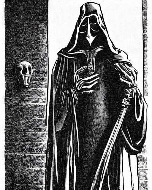 Image similar to a man in black hooded robes holding a plague doctor mask in hand, detailed art by greg rukowtski