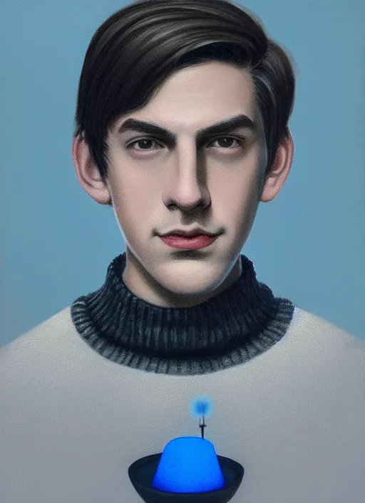 Image similar to portrait of teenage jughead jones wearing a light grey crown, crown, blue turtleneck, 1 9 5 0 s, closed eyes, photorealistic, black hair, glowing lighting, intricate, elegant, glowing lights, highly detailed, digital painting, artstation, concept art, smooth, sharp focus, illustration, art by wlop, mars ravelo and greg rutkowski