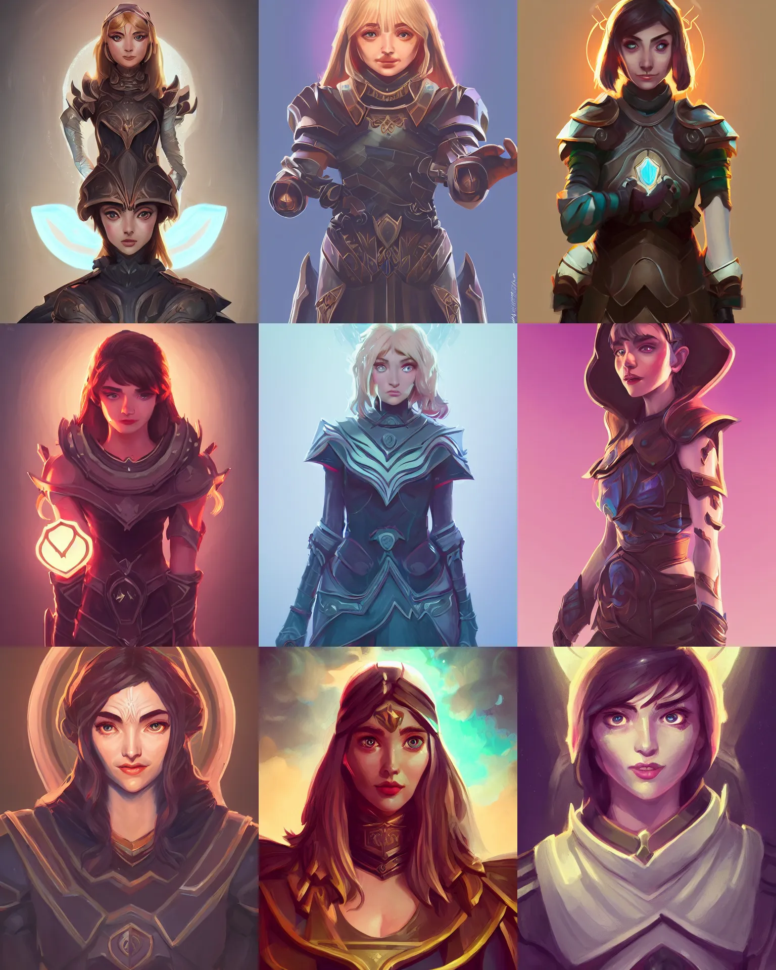 Prompt: front facing symmetrical centered painted portrait, Imogen Poots as a D&D Paladin, RPG character avatar, Arcane League of Legends concept art, global illumination lighting, trending on artstation, by lois van baarle, ilya kuvshinov, rossdraws