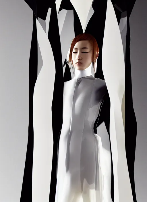 Prompt: a digital portrait of a japanese girl detailed features wearing a pilot latex suit wedding dress - synthetic materials, by balenciaga and issey miyake by ichiro tanida and mitsuo katsui