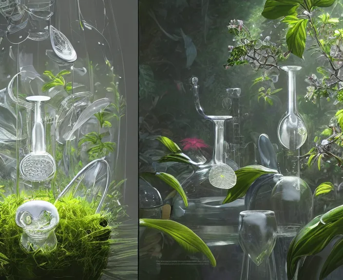 Image similar to simplicity, transparent clear see - through photo of lab equipment, lush botany, floral environment, ultra realistic, concept art, pop art, photorealistic, octane render, 8 k, unreal engine. art by gustave dore and nori inoguchi and sam kaplan and zachary goulko and christopher marley and artgerm and alphonse mucha