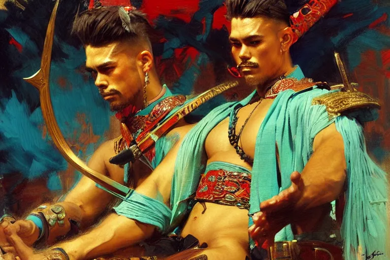 Image similar to turquoise samurai painting by gaston bussiere, craig mullins, j. c. leyendecker, tom of finland,