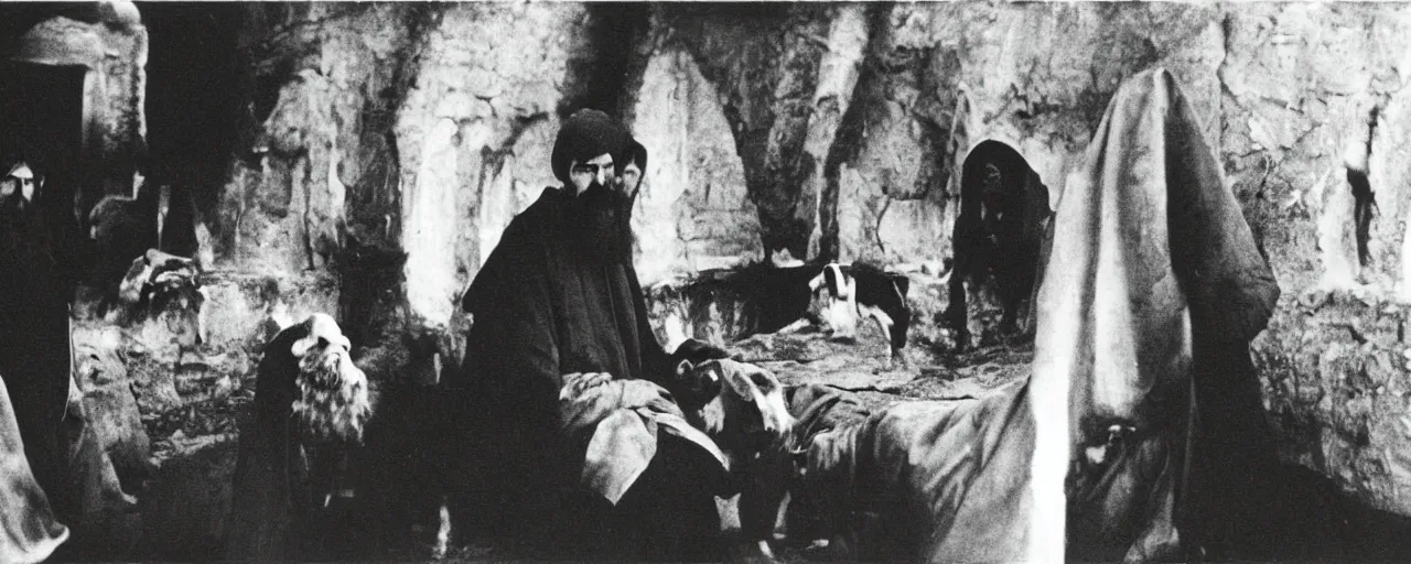 Image similar to still of breaton monks looking like rasputin with a goat from movie stalker ( 1 9 7 9 ) by andrei tarkovsky, polaroid