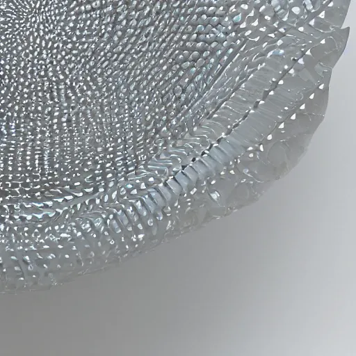 Prompt: a sculpture of infinite concentric rings made of clear crystal casting caustics on a white table morning light