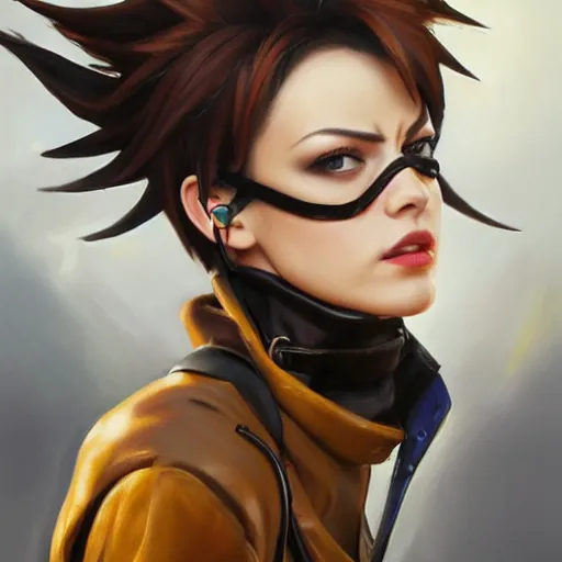 Image similar to oil painting of tracer overwatch in a field wearing large leather belt choker collar around neck, in style of mark arian, expressive face, detailed face, detailed eyes, full body, feminine face, tracer overwatch,