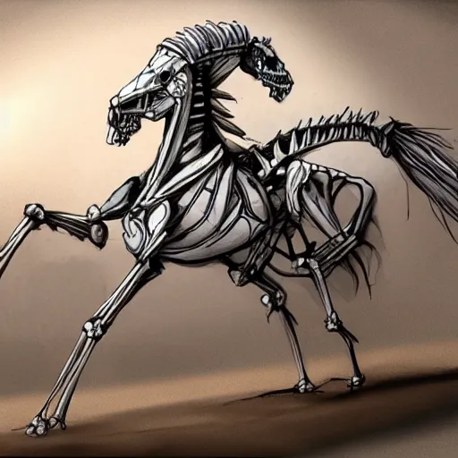 Prompt: very detailed concept art of a skeleton horse with a hooded capped figure riding the skeleton horse