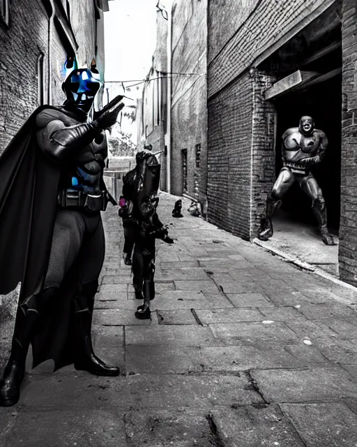 Prompt: happy batman beating up children in an alleyway, hd photography